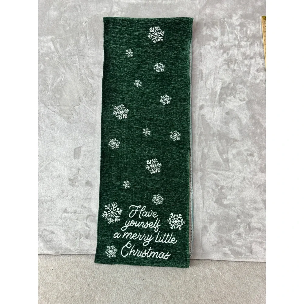 Green Christmas Table Runner Merry Little Christmas Snowflakes 70in